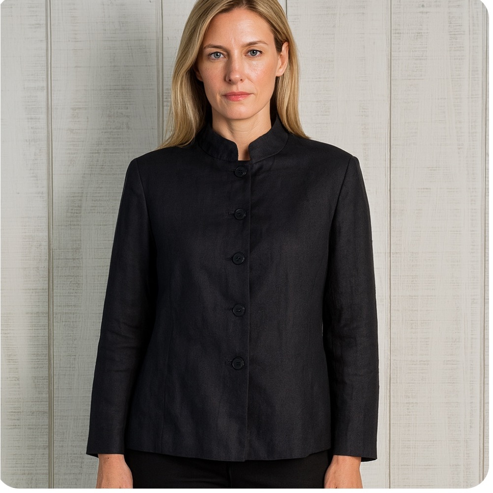 Vtg Talbots Linen Blazer Jacket Shacket Size 12 Petite Button Up Black Corpcore